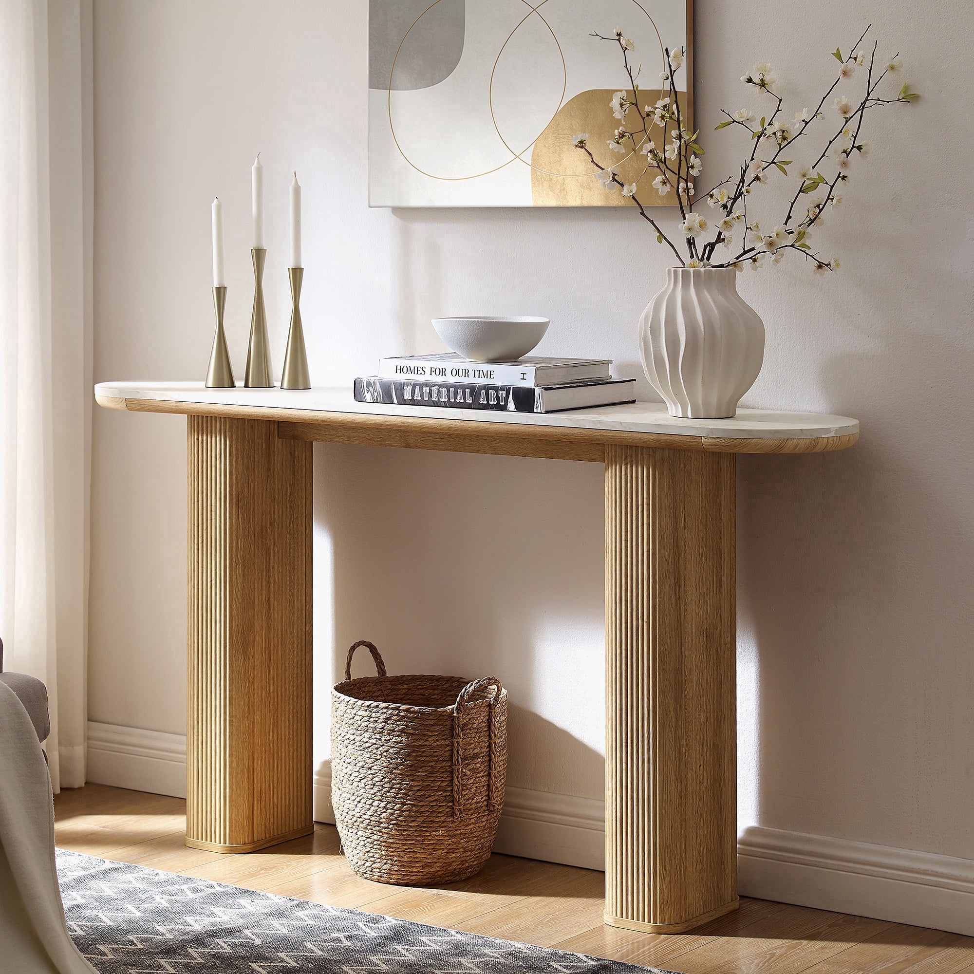 KeyWhat 63" Entryway Console Table with Fluted Wood Base, Modern Sofa Table Behind the Couch for Living Room, Hallway, Entrance, Foyer, Natural Oak