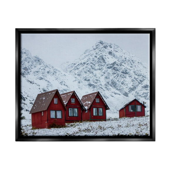 Stupell Industries Snowy Mountain Shacks Landscape Photography Black Floater Framed Canvas Art Print Wall Art, 21 x 17