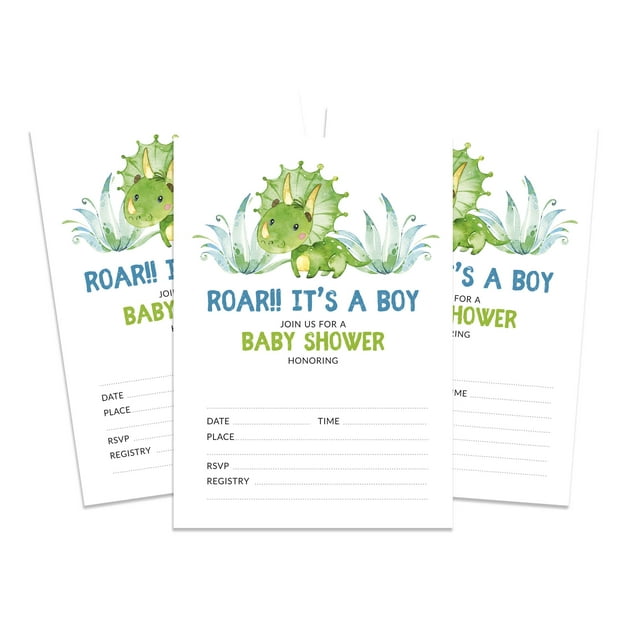 Inkdotpot 30 Cartes d'Invitation StyleBaby Shower Dinosaure Révélation de Genre Invitations Vierges