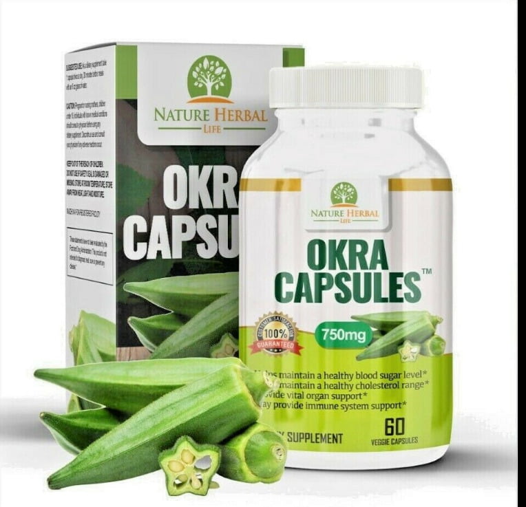 Okra Capsules. Blood Sugar Support Supplements (750mg) 60 Veg Capsules