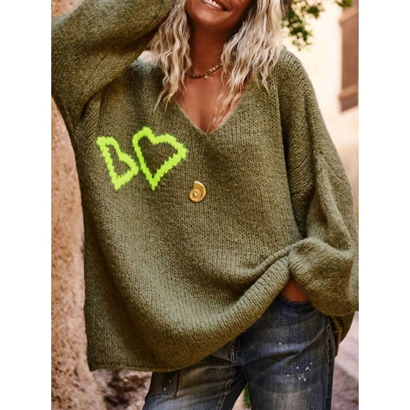Cozy Knit Sweater with Neon Heart Embroidery (S, Green)