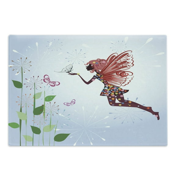 Butterfly Cutting Board, Butterfly Winged Flower Built in Silhouette of and Dandelion with Tall Stem, Decorative Tempered Glass Cutting and Serving Board, Large Size, Multicolor, by Ambesonne