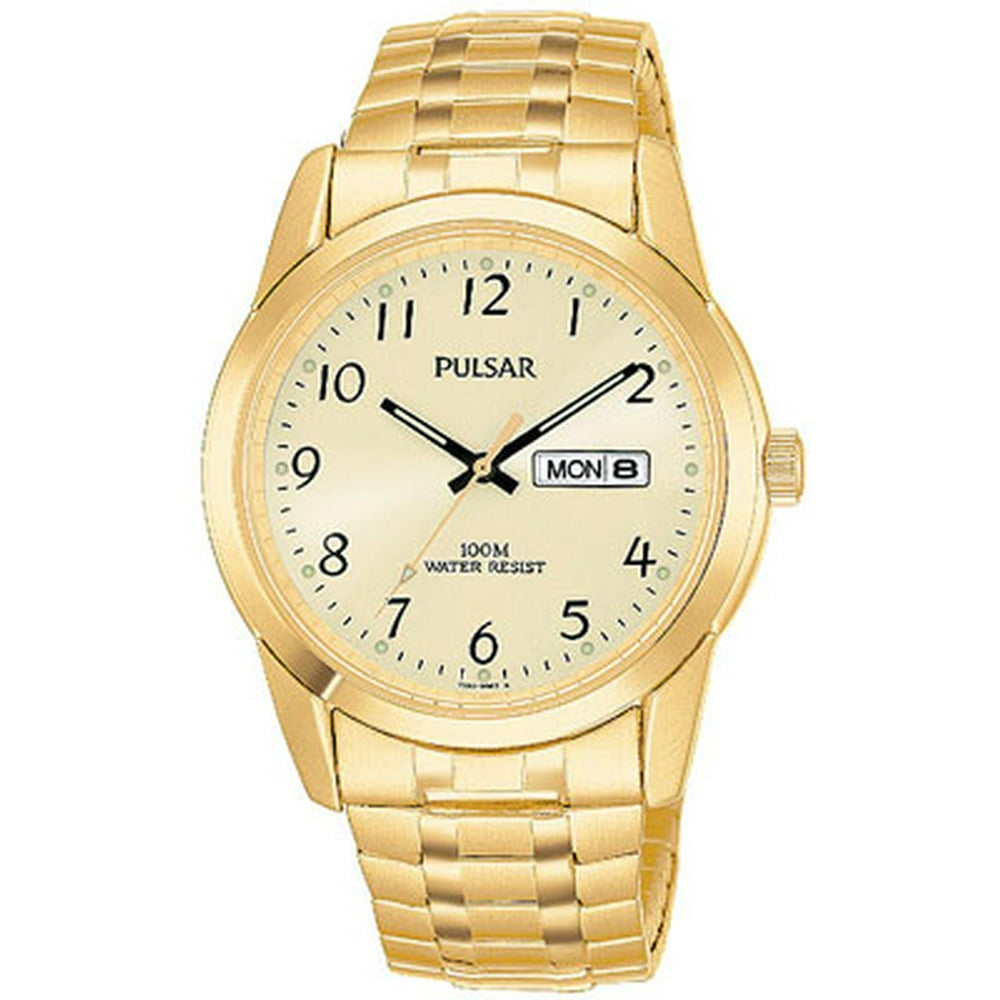 Pulsar Mens GoldTone Expansion Band Day/Date Watch Champagne Dial