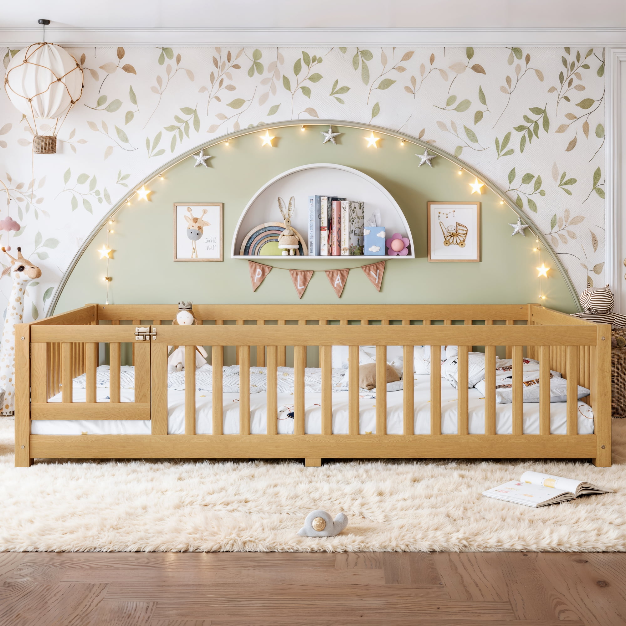Queen Floor Bed 82.6 Inch, Solid Wood Bed Frame with Safety Guardrails and Door, Low Profile Montessori Bed for Kids Bedroom, Natural