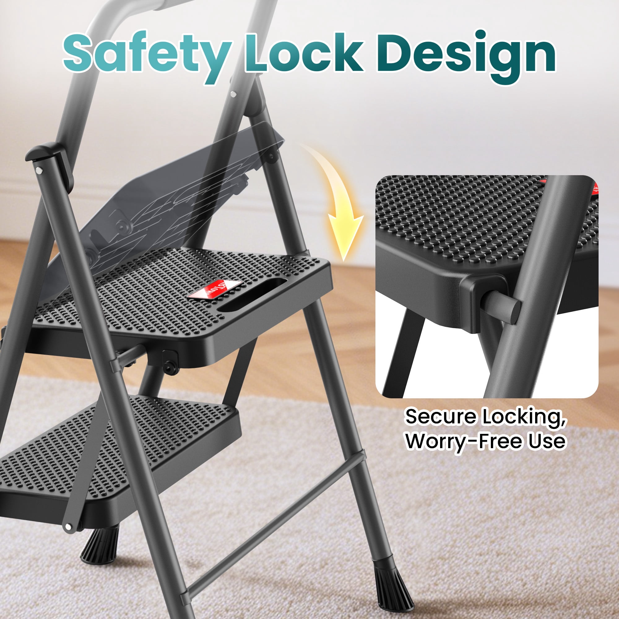 HBTower 2 Step Ladder, 330 lbs Heavy Duty Folding Step Stool, Lightweight, Portable Step Stool with Wide and Non-Slip Pedal and Convenient Handrail, for Kitchen, Garage, Outdoor Use, Gray