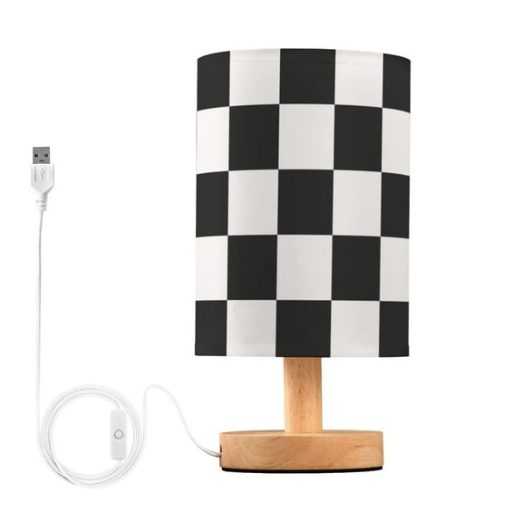 Black and White Plaid Bedside Table Lamp LED Warm Lights with USB Charging Port Retro Cylinder Desk Lamps
