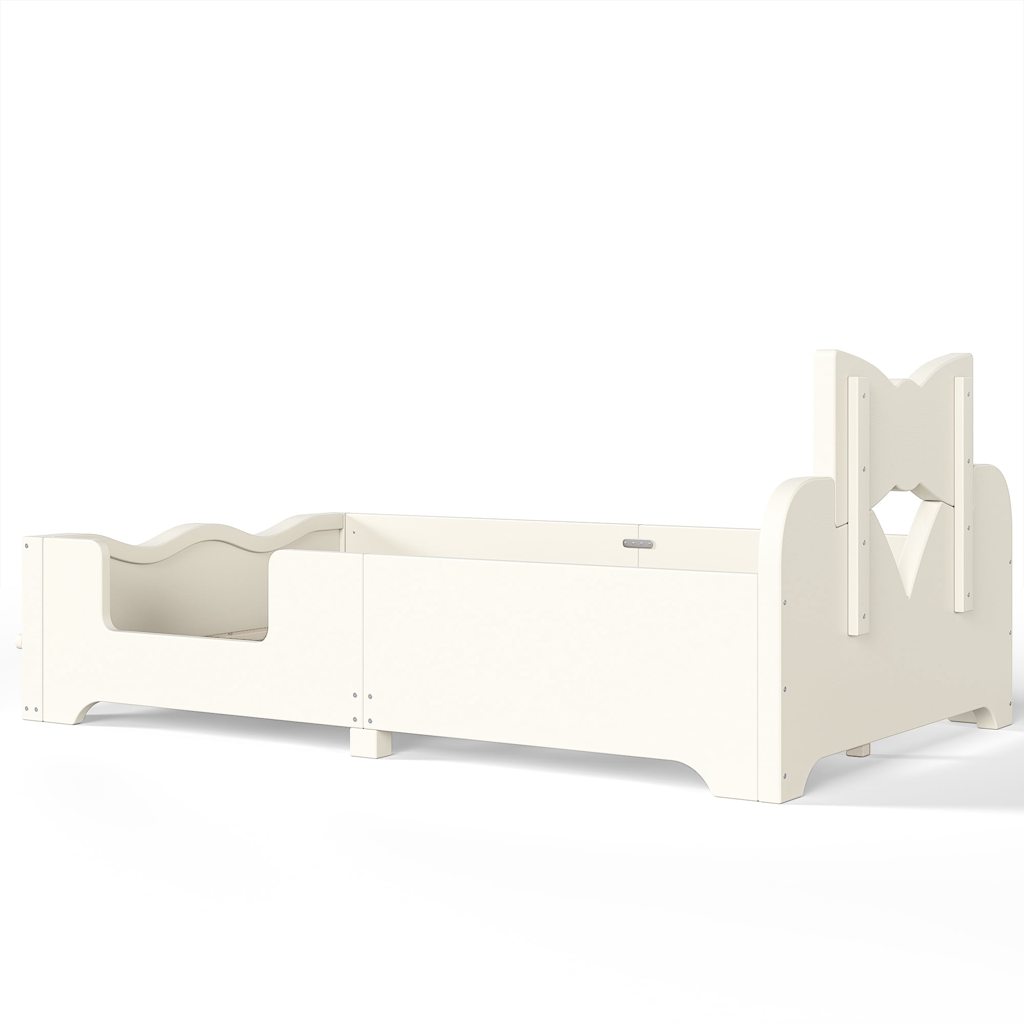 Twin Size Kids Platform Bed 78 Inch, Bowknot Headboard with Surround Guardrails and Built In Bookshelf, No Box Spring Needed, Beige