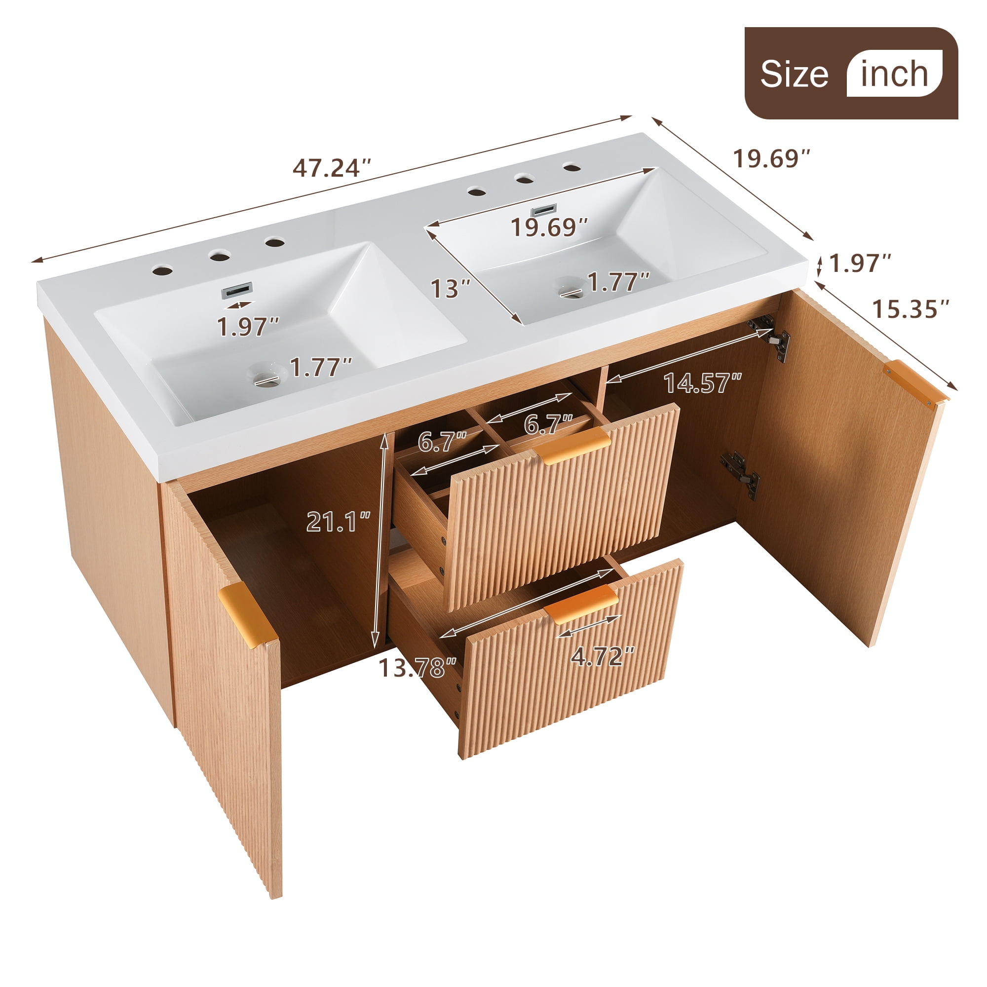 Harper & Bright Designs 47.24'' Fluted Bathroom Vanity with Double Ceramic Sink, Wall-Mounted Bathroom Sink Storage Cabinet with Doors & Drawers, Freestanding Bathroom Vanity Cabinet with Sink, Wood