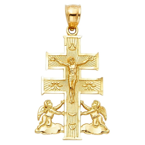 14k Yellow Gold Traditional Roman Catholic Caravaca Pendant Diamond-Cut Charm Jewelry Female Unisex
