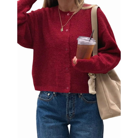 Women Knitted Crop Cardigan Shirt Short Sleeve Button Down Ribbed Knit Crop Top Y2k Outwear Top Tee Shirt Wine Red M
