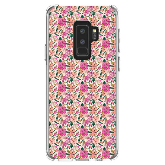 DistinctInk Clear Shockproof Hybrid Case for Samsung Galaxy S9  PLUS (6.2" Screen) - TPU Bumper, Acrylic Back, Tempered Glass Screen Protector - Preppy Pattern - Pink Flowers Floral