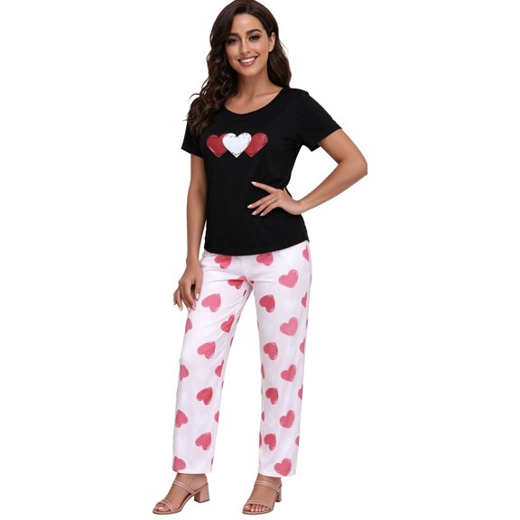 New women's heart-shaped print round-neck short-sleeved long pants home wear set