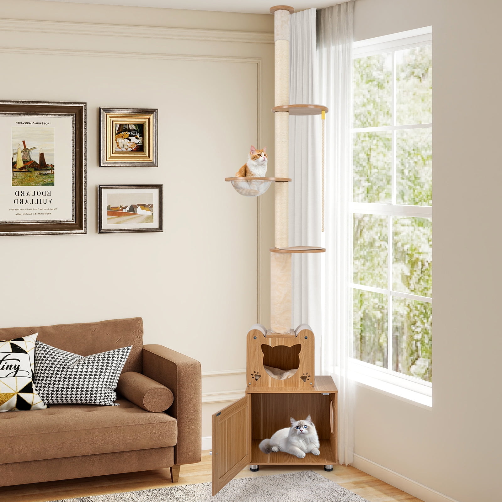 Gymax Floor to Ceiling Cat Tree for Indoor Cats 101''-108.5'' Height Adjustable Tall Cat Tower