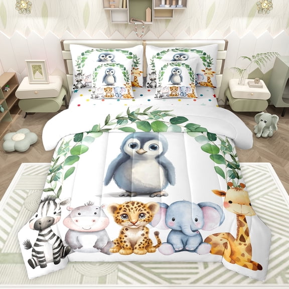 Feelyou Kawaii Antarctic Penguin Twin Bedding Sets 7-Piece for Teens, Tiger Elephant Bedding Comforter Set, Eucalyptus Leaves Botanical Reversible Sheet Sets, Microfiber Bedroom Decor