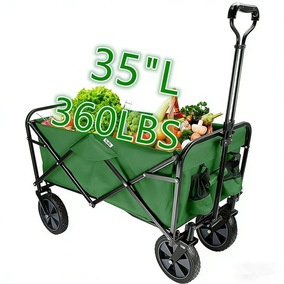 35'' Extra Long Collapsible Wagons Carts Foldable, 360LBS Heavy Duty Folding Beach Wagon with Wheels, 106L Portable Utility Outdoor Cart for Grocery, Garden, Sports, Camping, Green