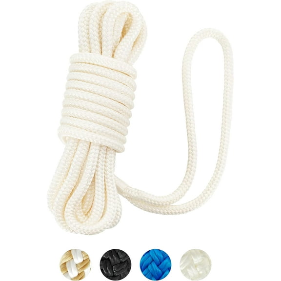 BLUEWING Double Braided Nylon Dock Lines with 15" Loop 25ft Boat Rope 5/8" 16mm Marine Docking Lines Boat Mooring Line White