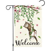 Rdsfhsp Welcome Spring Garden Flag 12x18 Double Sided, Linen Small Cat Flower Floral Garden Yard Flags for Seasonal Outside Outdoor House Decoration