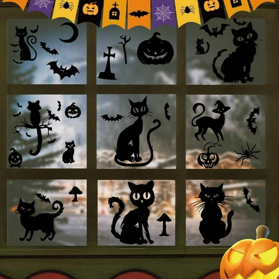 8 Sheet Halloween Black Cat Window Decals Decor Self-Adhesive PVC Waterproof Spooky Haunted Bats Web Window Stickers Peel and Stick Wall Sticker for DIY Art Home Living Room Party