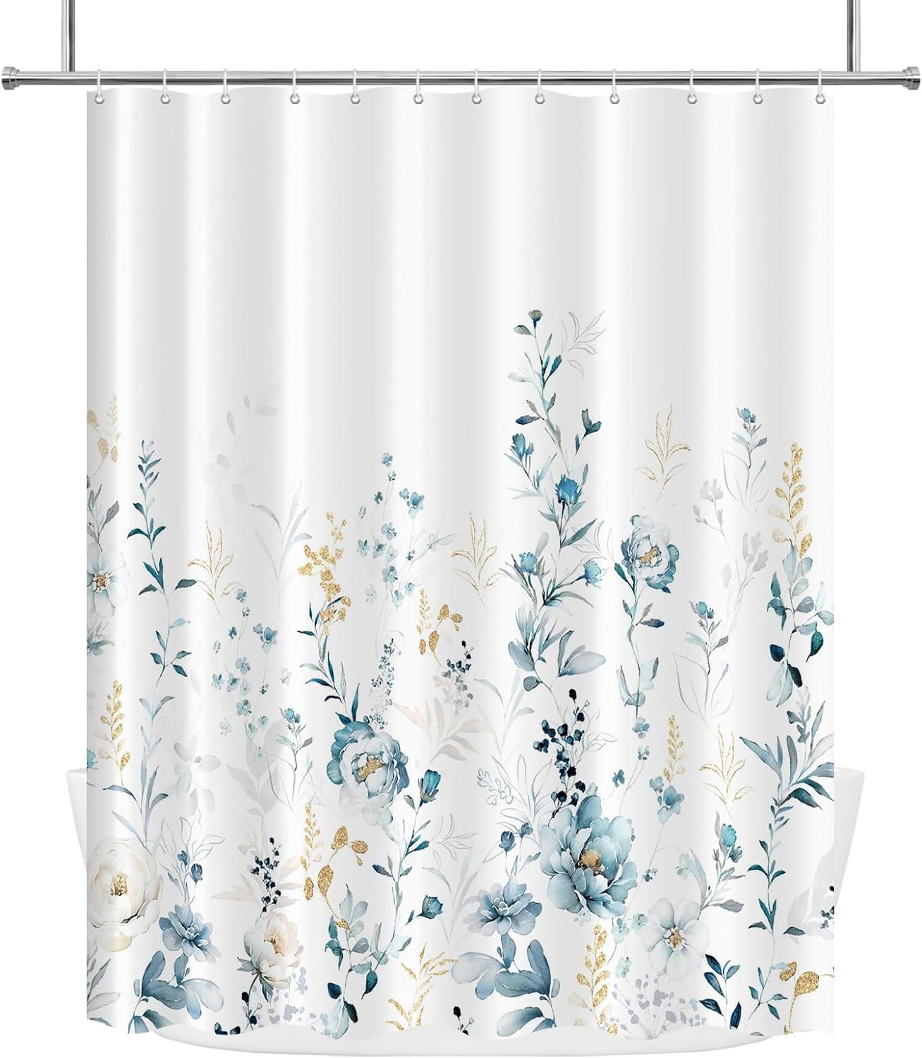 Aesthetic Blue Floral Shower Curtain, Watercolor Gold Leaves Plant Bathroom Decoration Shower Curtain Sets 71x71 Inch with Hooks