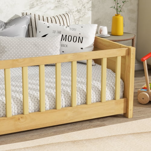 Bellemave Twin Size Floor Bed with Fence, Montessori Floor Twin Bed with Built-in Book Rack, Solid Wood Twin Bed with Slats and Safety Guardrails, Natural