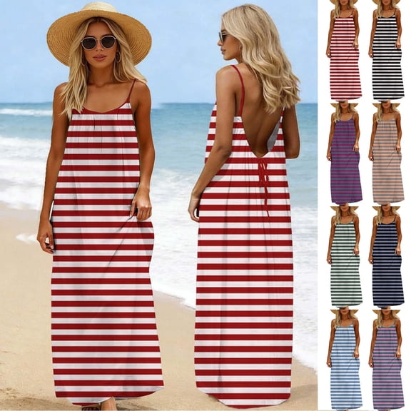 Lovzfmll Striped Spaghetti Strap Maxi Dress for Women Low Back Sleeveless Casual Sundress Vacation Style Lightweight Travel Wear