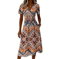 thumbnail image 4 of Graduation Dress for Women Deep V Neck Short Sleeve Summer Sundress Casual Loose A-Line Knee Length Swing Dress, 4 of 5