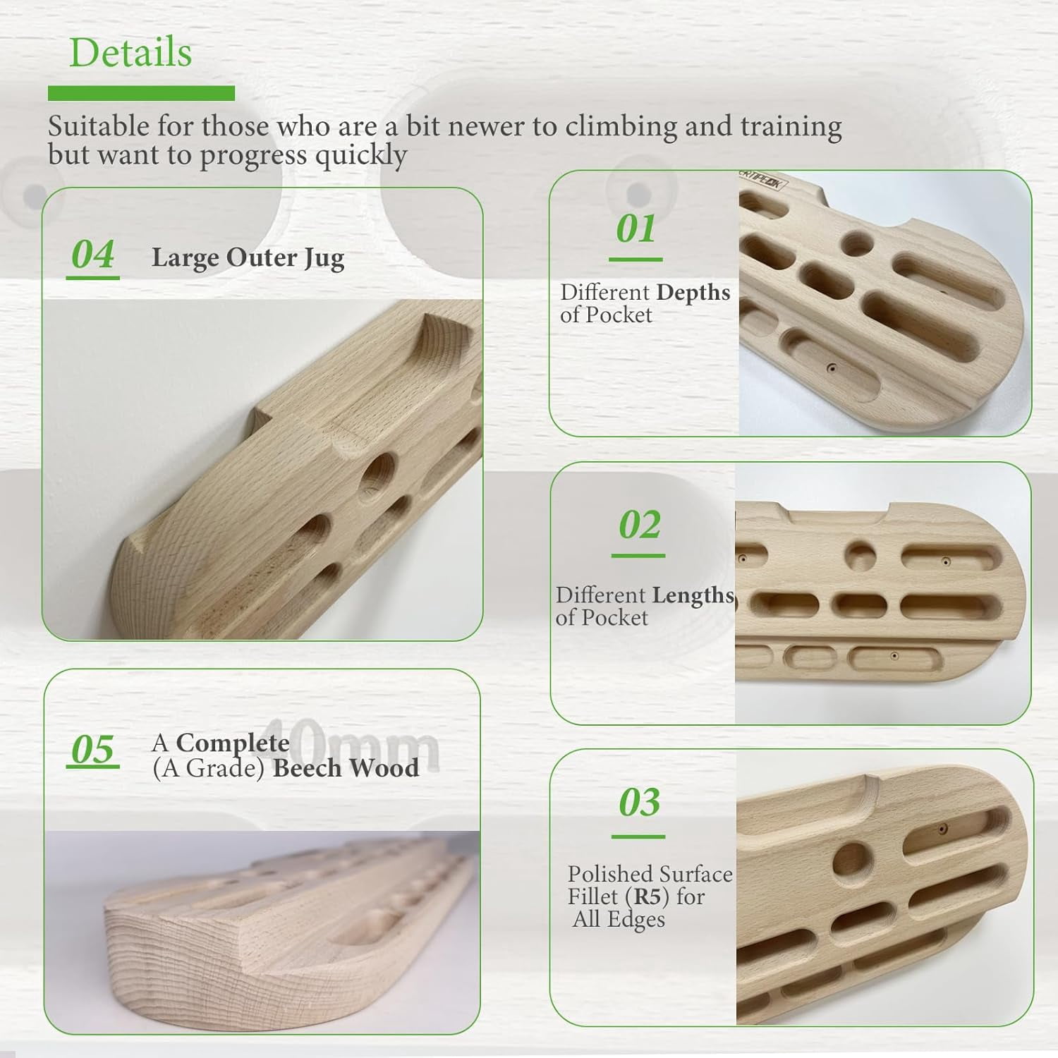 Wooden Hangboard Rock Climbing with Adjustable Spacers for Finger Strength Training