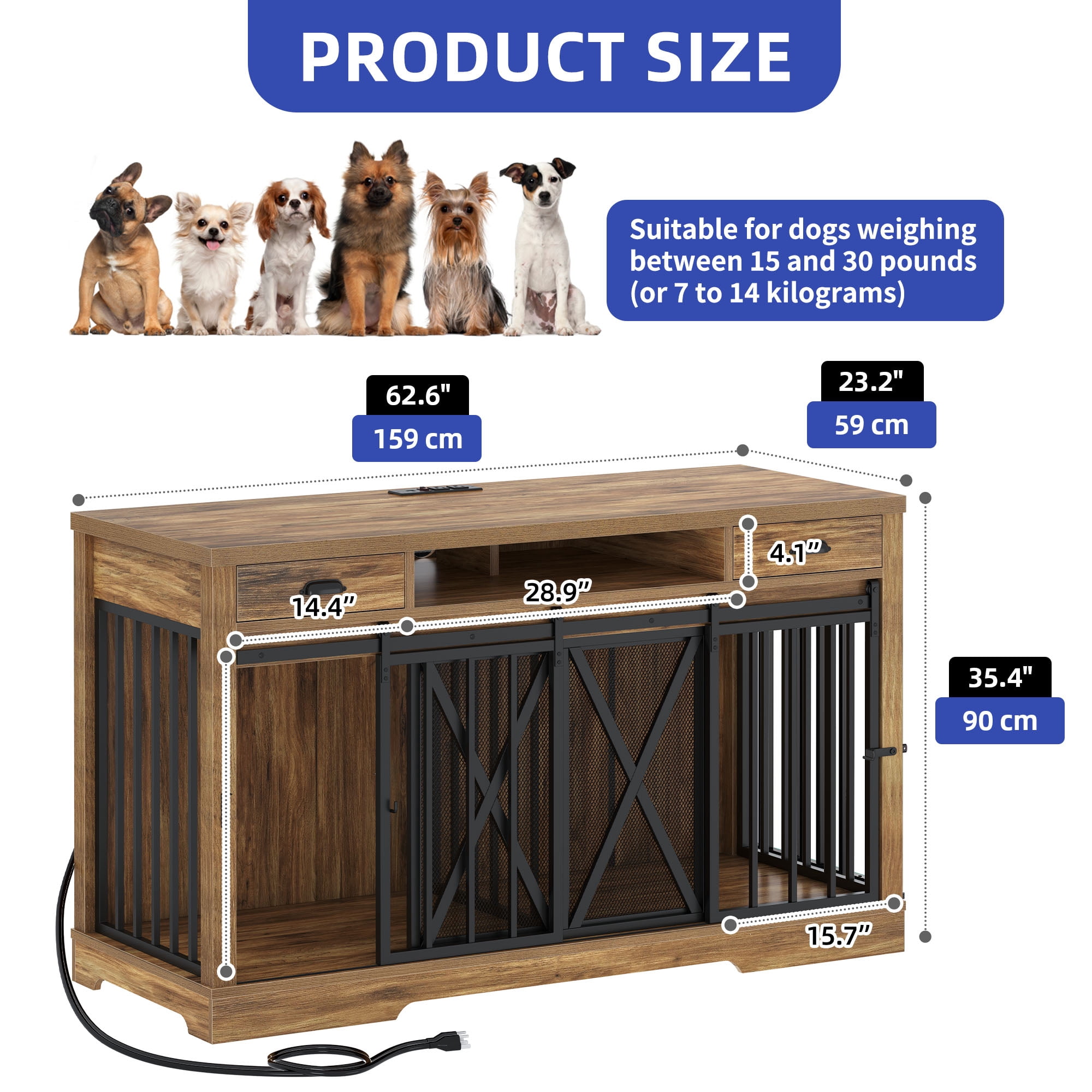 ModFusion 63" Vintage Brown TV Stand & Dual Dog Crate with Power Station – Fits 2 Dogs (15-30 lbs), Metal & Wood Design