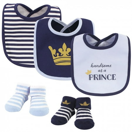 

Hudson Baby Infant Boy Cotton Bib and Sock Set 5pk Handsome As A Prince One Size