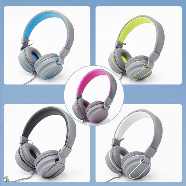 onlyliua liquidación auriculares estéreo para juegos con cancelación de ruido, auriculares supraurales con micrófono envolventes, almohadillas de memoria blanda para ordenador — collage con cinco vistas: estructura gris con diadema acolchada negra según título, almohadillas de memoria suaves y cable con micrófono integrado; detalles de ribetes interiores en azul, verde limón, rosa y blanco en tomas 3/4 y primer plano. Ideal para PC y juegos; también suelen usarse para llamadas y teletrabajo.