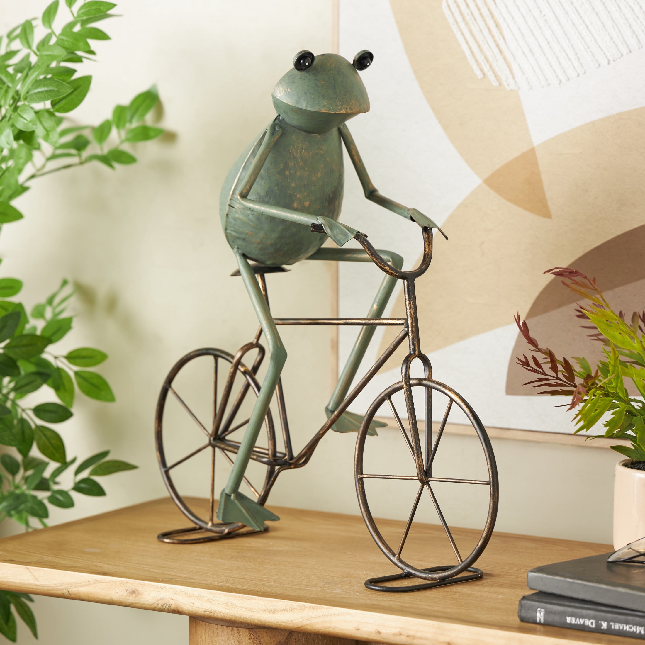DecMode 19" On Bicycle Frog Garden Sculpture with Gold Accents