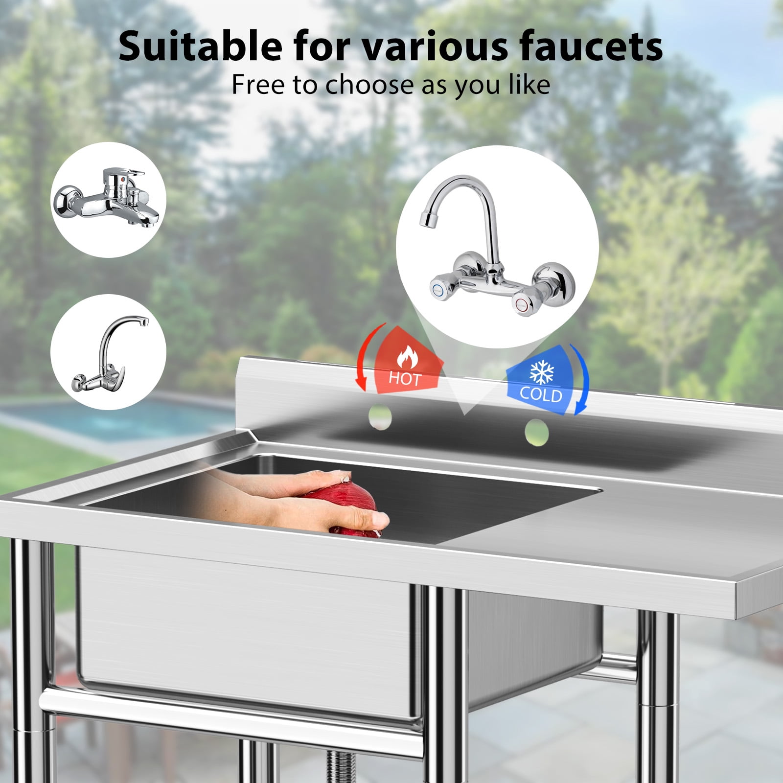 Zzistar Freestanding Single Sink，Commercial Kitchen Stainless Steel Utility Sink with Worktop Faucet, for Outdoor Garage