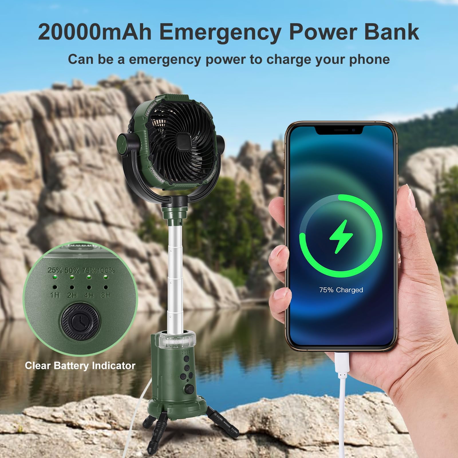 20000mAh Portable Fan Battery Operated Fan, Oscillating Charging Fan, Remote Control LED Light, Portable Extendable Fan for Camping Travel Outdoor