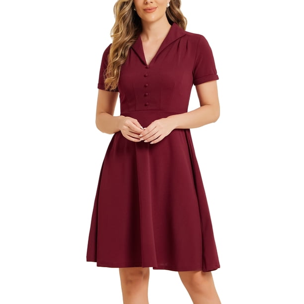 INSPIRE CHIC Vestidos Vintage para Mujeres 2024 Vestido de Cuello Plano de Manga Corta Ajustado y Acampanado XS Rojo Vino