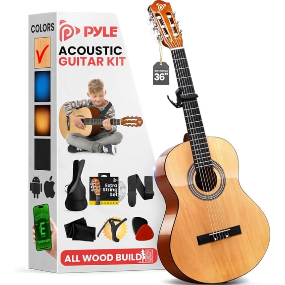 Pyle Beginner Acoustic Guitar Kit, 3/4 Junior Size, All-Wood Nylon Strings, Capo, Strap, Extra Strings, Gig Bag, 36", for Adults & Youth