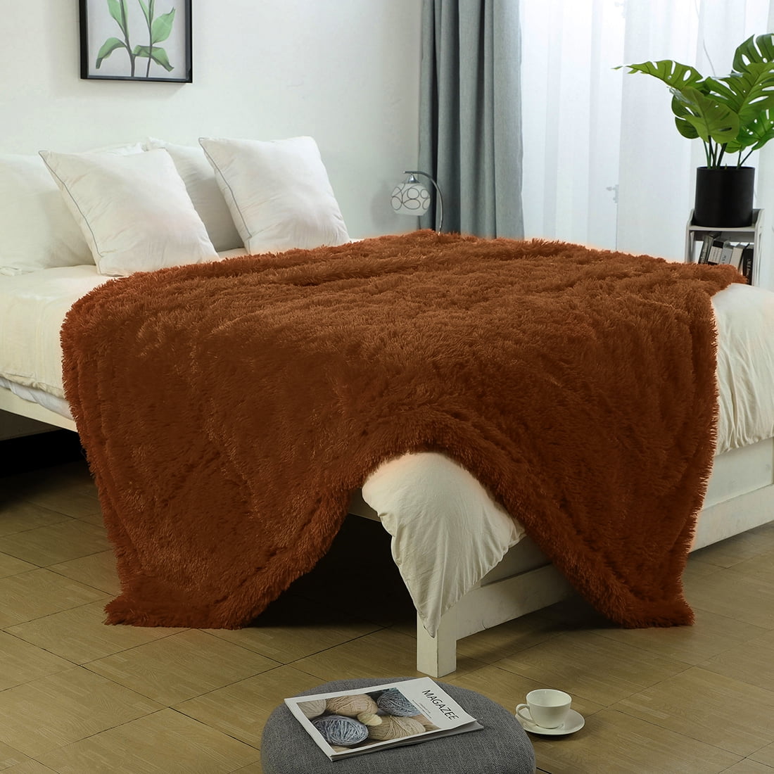 Unique Bargains Shaggy Faux Fur Decorative Blanket Brown Throw
