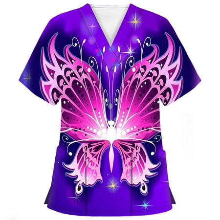 

FAFWYP Plus Size Scrubs for Women Womens Butterfly Print Scrubs Tops Nurse Summer Short Sleeve V Neck Workwear Working Uniform Blouse Medical Scrubs With Pockets