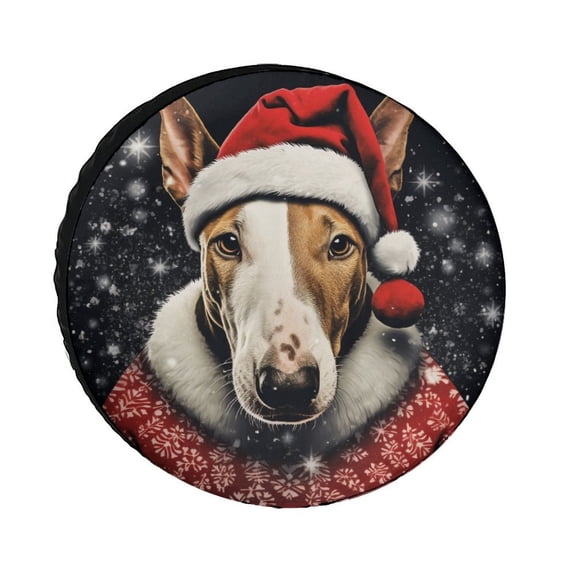 Camper Spare Tire Cover 12inch Bull Terrier Wear Santa Hat Weatherproof Wheel Protectors Birthday Gifts for Pets Universal Fit for Trailer SUV Truck Camper Travel Trailers Accessories