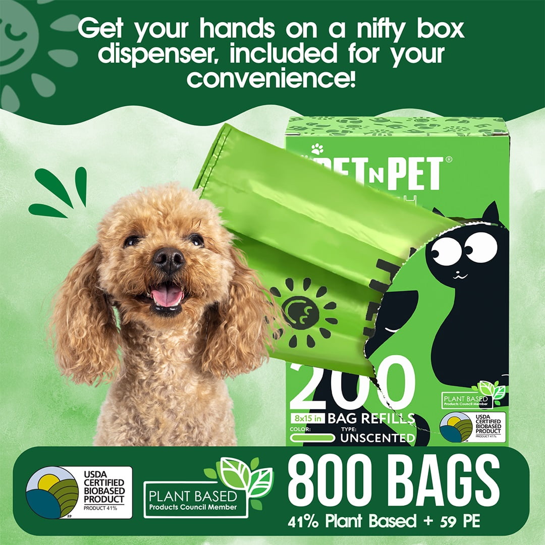 PET N PET Dog Poop Bags with Tie Handles 4 Value Packs 800 Count, USDA Certified 41% Plant-Based, Leak-Proof Dog Waste Bags, 8 x 15 Inches