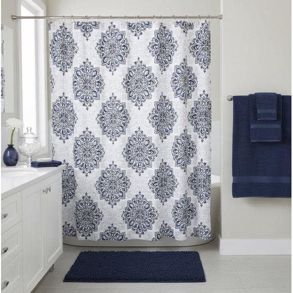 Serafina Home Tranquility Navy Blue White Fabric Shower Curtain: Floral Medallion Damask Design