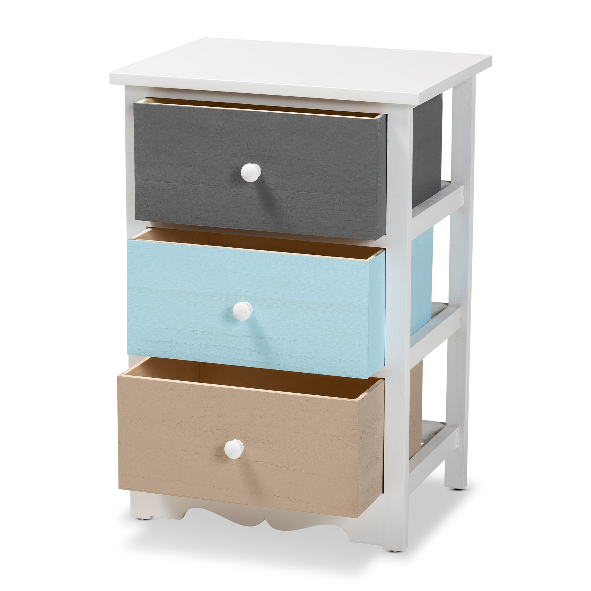 Baxton Studio Kalila Modern and Contemporary White and Multi-Colored Finished Wood 3-Drawer End Table