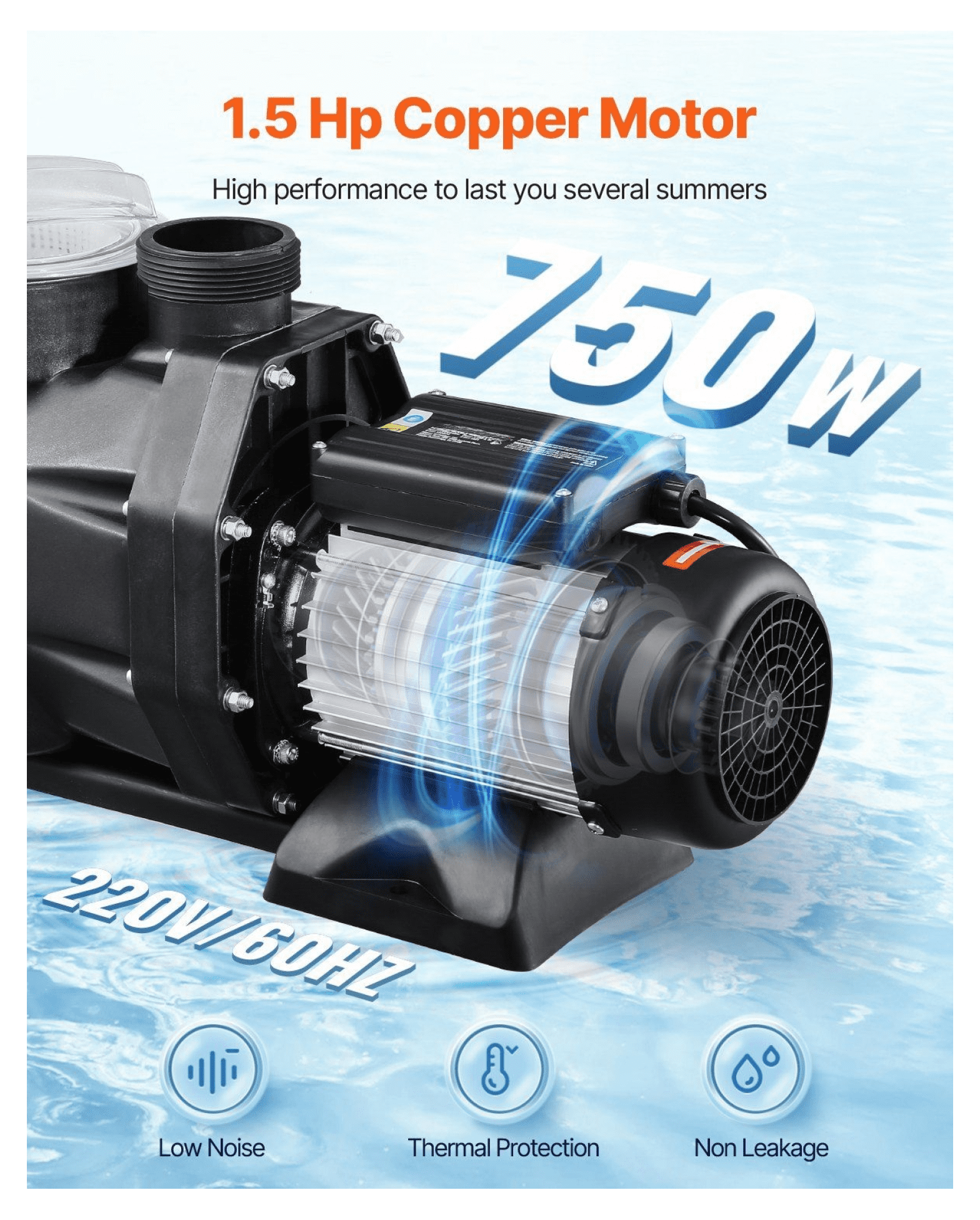 1.5HP Pool Pump Above Ground, 122 GPM Single Speed 220V - Hot Tub, Spa & Irrigation Pump - with Copper Motor & Corrosion Resistant Shell 220 V