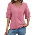 thumbnail image 2 of Womens T Shirts Summer Tops 2025 Solid Color V-Neck Double Layer Flared Mid Sleeve Loose Tees Tshirts Shirts for Women, 2 of 5