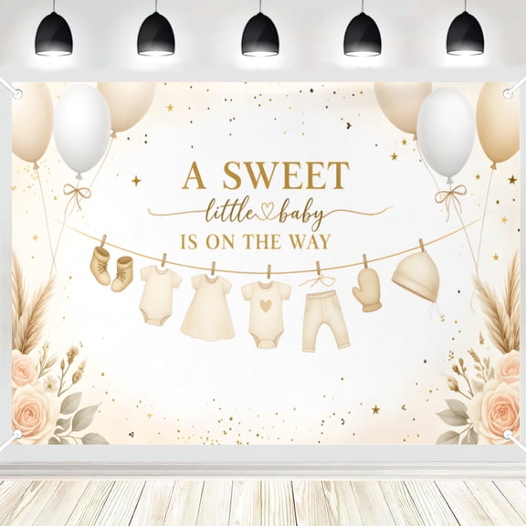 A Sweet Little Baby Is On The Way Backdrop, Neutral Beige Balloon and Pampas Grass Photography Background, Gender Neutral Baby Shower Party Banner, Photo Booth Decor 16x24in