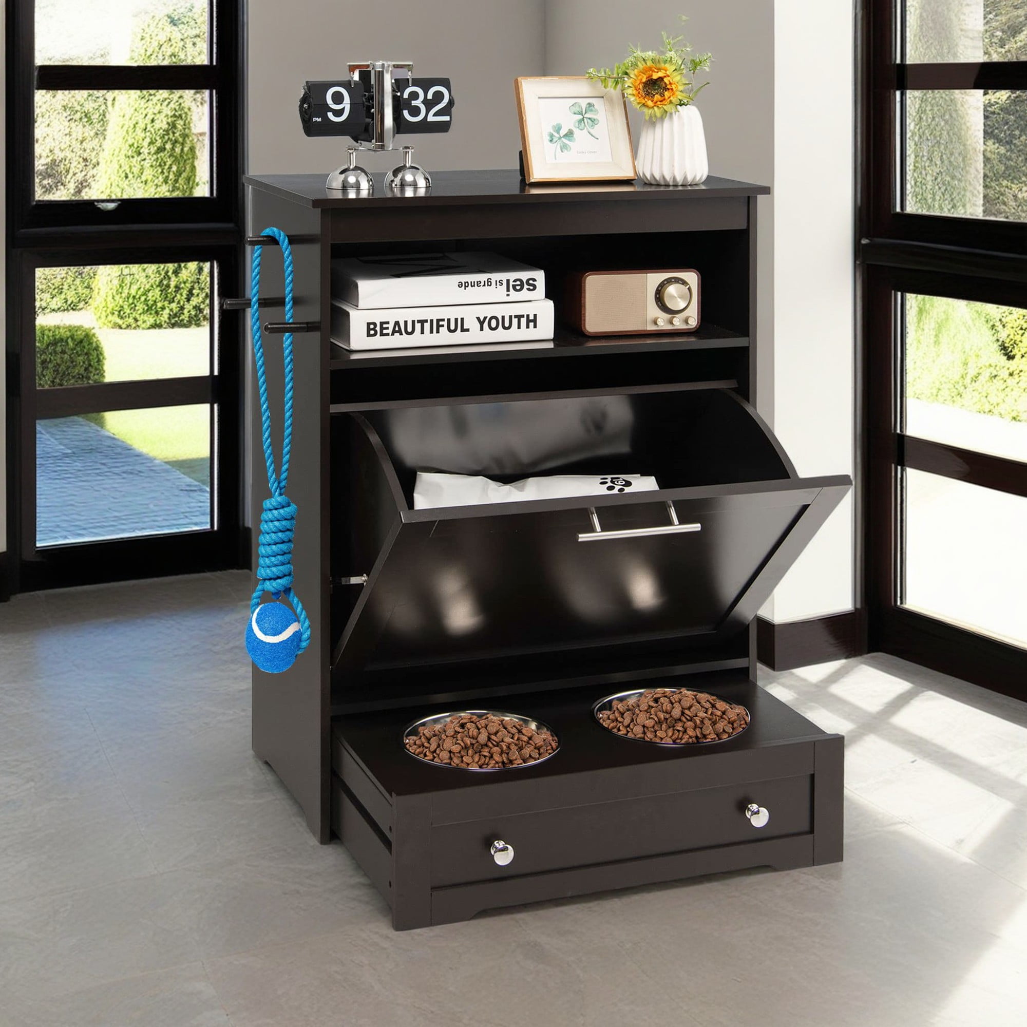 Pefilos 32" Modern Dog Feeder Station Furniture with 2 Raised Dog Bowls, Dog Food Storage Container, Pull Out Pet Food Cabinet, Brown Pefilos 32" Modern Dog Feeder Station Furniture with 2 Raised Dog Bowls, Dog Food Storage Container, Pull Out Pet Food Cabinet, Brown