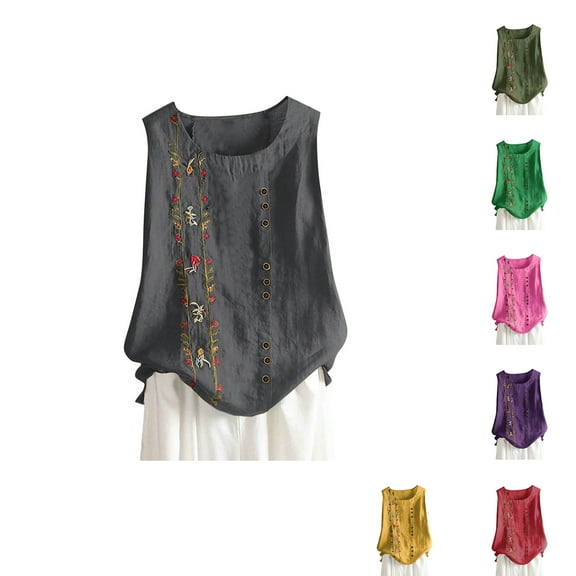 Admvng Womens Tank Tops Loose Fit Plus Size Embroidered Button Sleeveless Cotton and Linen Top S-5XL