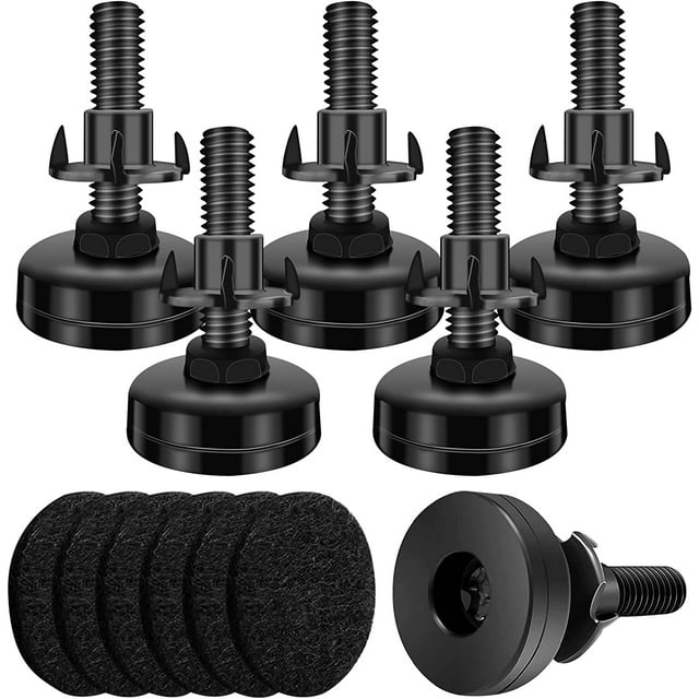 niveladores de muebles ajustables, 6 piezas TUNC — seis patas niveladoras negras con tornillo roscado y tuerca en T, base circular antideslizante y seis deslizadores de fieltro negro apilados; vista frontal centrada sobre fondo blanco, ajuste de altura 0–2.3 cm para nivelar mesas, sillas o sofás y proteger el piso; también suelen usarse para estabilizar muebles durante mudanzas.
