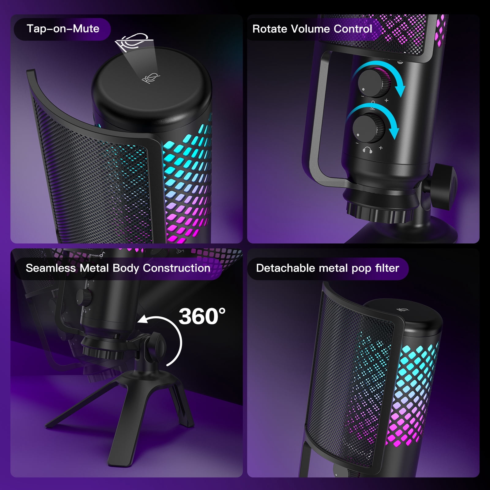 ZealSound Podcast Microphone for PC/Mac/iPhone/Phone – 96kHz/24bit USB Condenser Mic with Noise Reduction, Tap-to-Mute, Gain Control, Zero-Latency Monitor, RGB Light for Streaming, Gaming, Recording