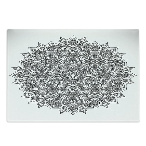 Mandala Cutting Board, Flower and Leaf Old Ottoman Mandala Chart Life Web Print, Decorative Tempered Glass Cutting and Serving Board, Large Size, Black White, by Ambesonne