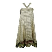 Mogul Indian Silk Sari Wrap Around Skirt Two Layer Reversible Mini Floral Print Beige Multi Wear Dress